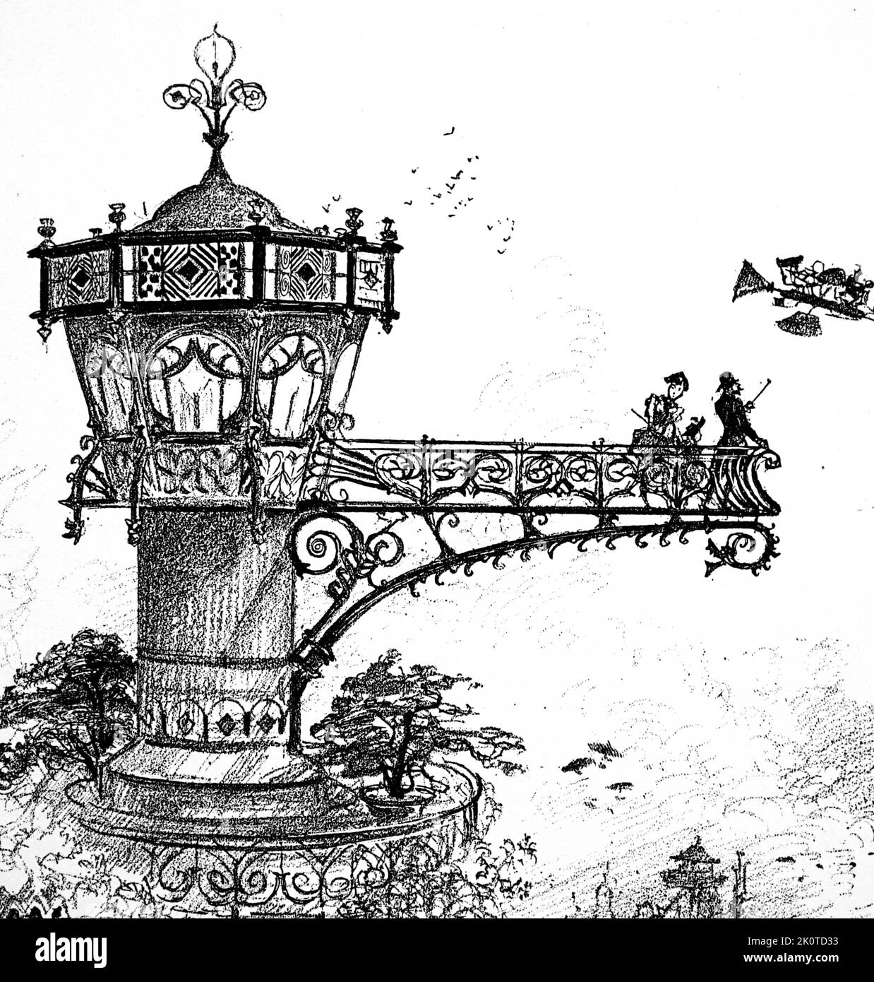 Futuristische Zeichnung, die eine Landeplattform des Hotels zeigt, auf der man an Bord eines Lufttaxis gehen kann. Von Robida, Le Vingtieme Siecle, Paris 1883; Stockfoto