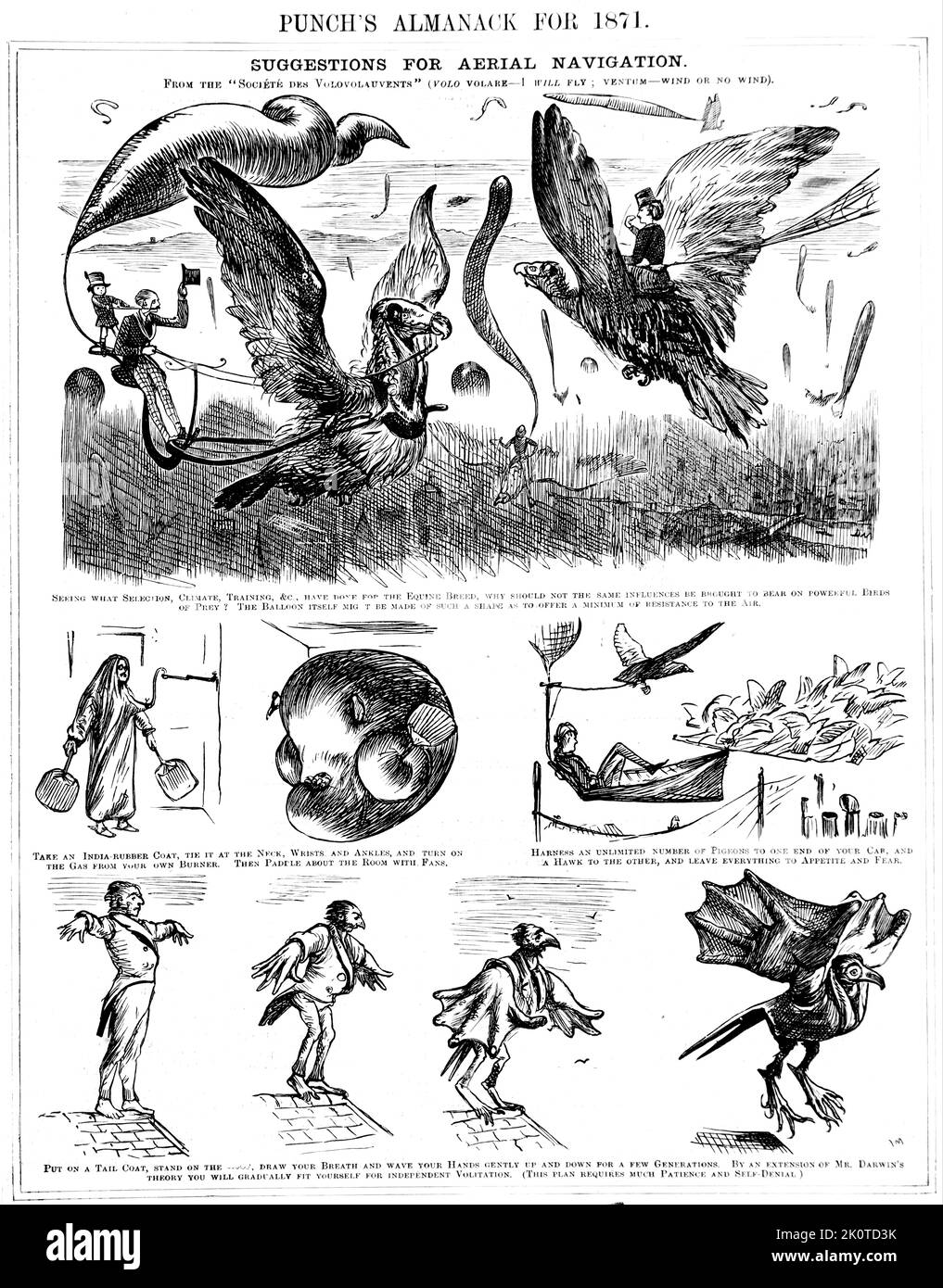 Illustrationen aus 'Punch' 1871 mit satirischen Zeichnungen von fliegenden Männern Stockfoto