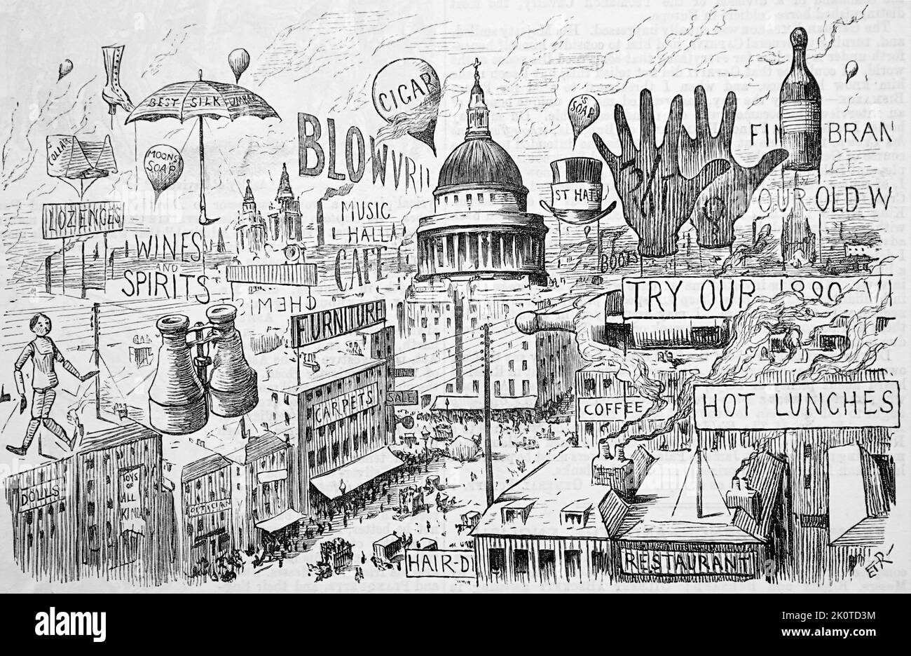 Punch Cartoon zeigt die Zukunft der Werbung. ‘Malerisches London – oder, Himmelszeichen der Zeit’, 1890 Stockfoto