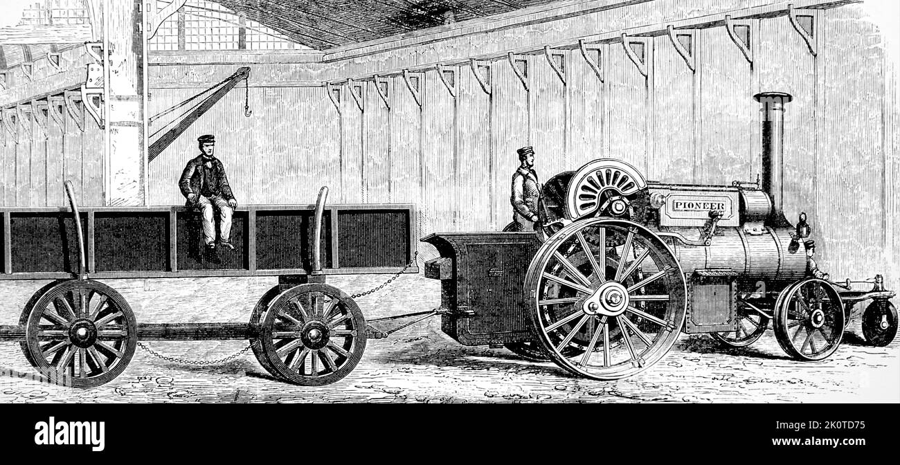 Dampfzugmaschine und -Wagen von Aveling & Porter, Englisch 1863 Stockfoto