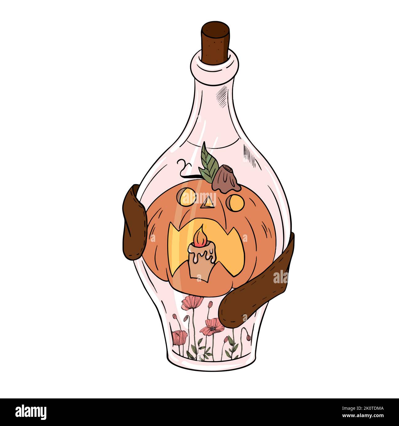 Kürbis mit Kerzen in einer Flasche Blumen Illustration Stock Vektor