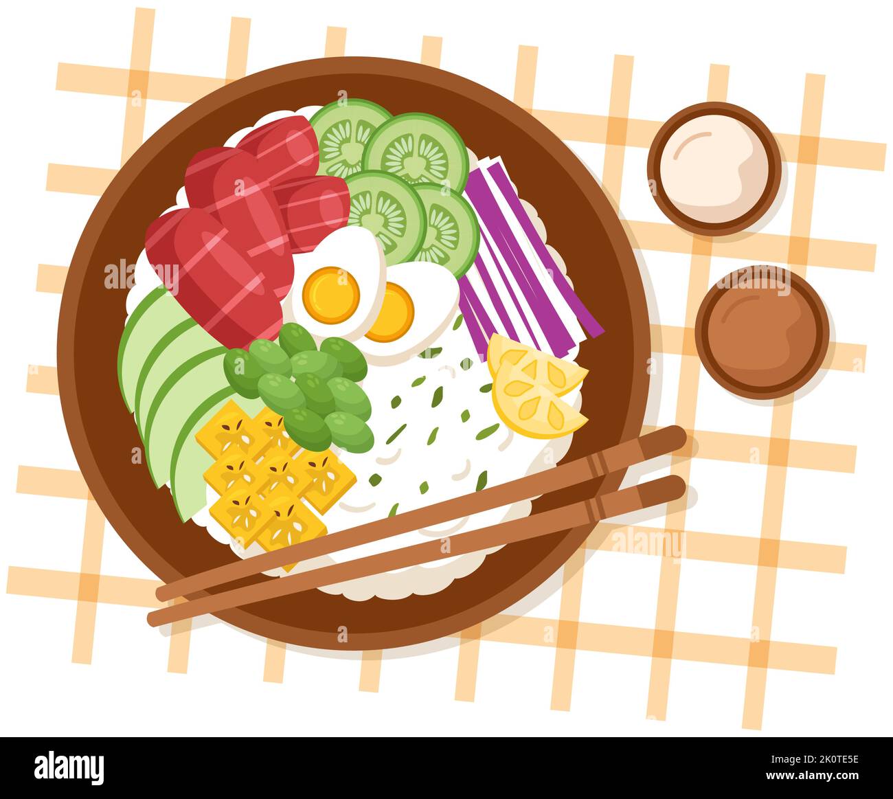Hawaiianische Teller Poke Bowl Food Template handgezeichnete Cartoon flache Illustration mit Reis, Thunfisch, frischem Fisch, Ei und Gemüse Design Stock Vektor