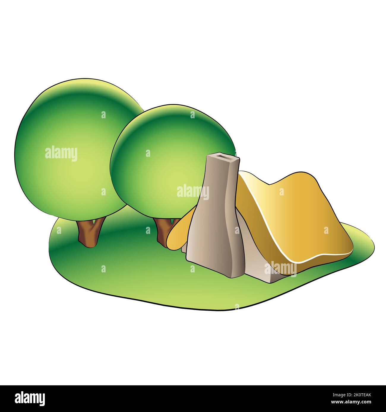 Illustration eines Märchenhauses in einem grünen Garten mit runden Bäumen isoliert auf weißem Hintergrund Stock Vektor