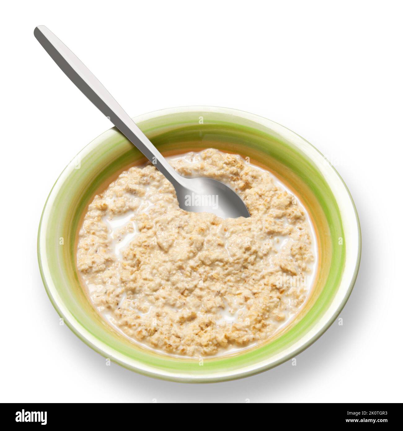 Schüssel Haferbrei Hafer mit Löffel, isoliert auf weiß mit Pfad ausgeschnitten Stockfoto