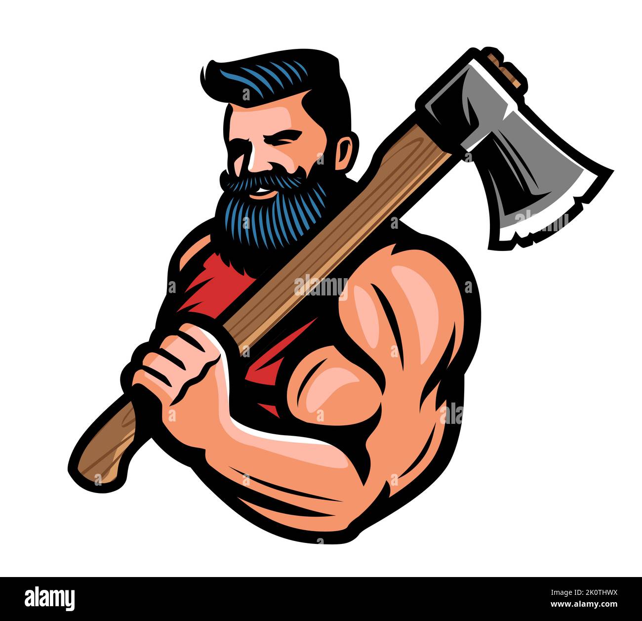 Muskulöser bärtiger Holzfäller mit großer Axt in der Hand. Krieger oder wikinger mit Kampfaxt-Emblem. Abbildung des Maskottchen-Vektorgrafikes Stock Vektor