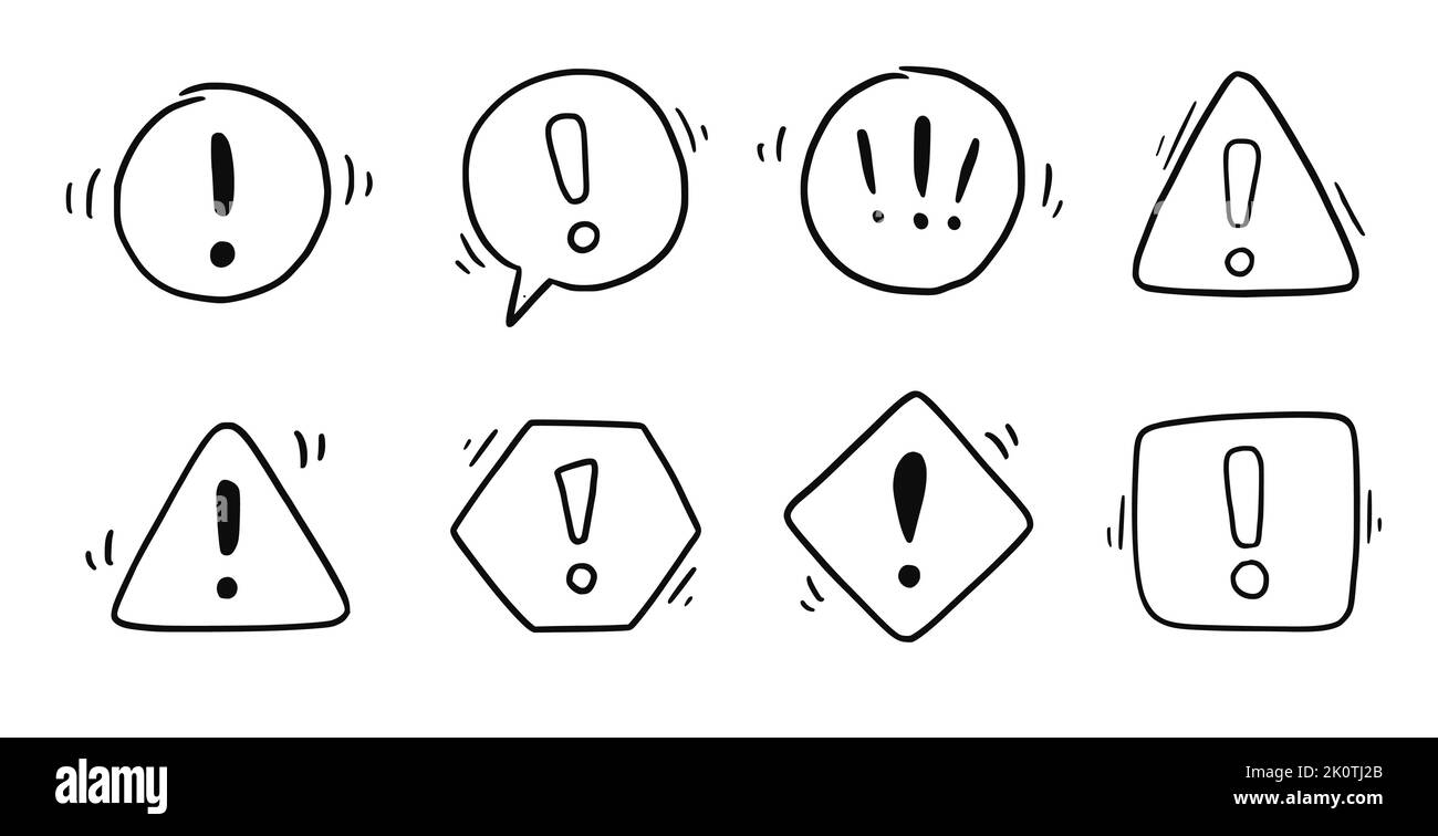Handgezeichnetes Ausrufezeichen, Warnzeichen gesetzt. Scribble Doodle Ausrufezeichen, Warnung, Gefahrenzeichen. Handgezeichnetes Warnschild der Skizze. Vektorgrafik. Stock Vektor