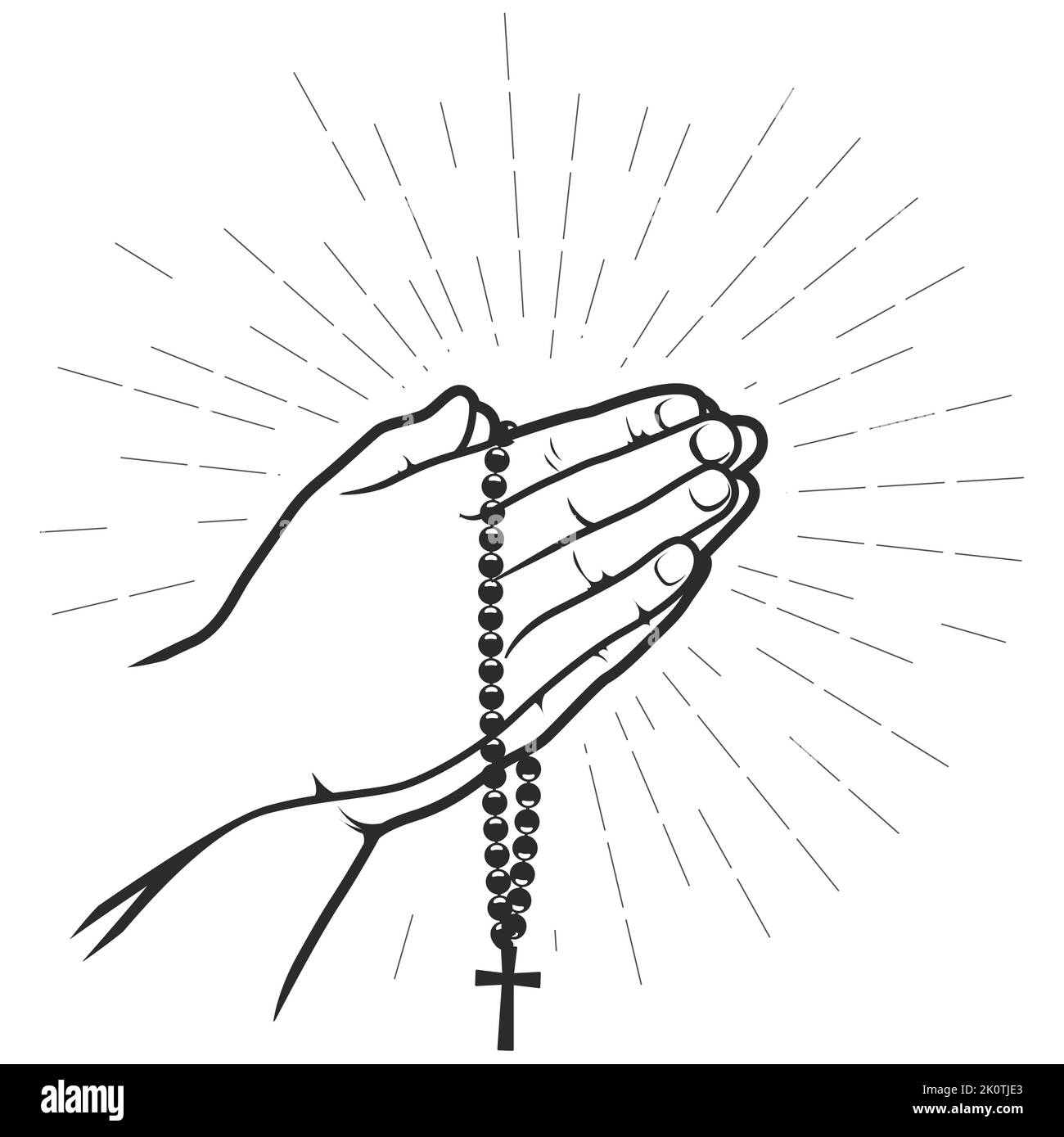 Handflächen im Gebet gefaltet mit Kruzifix auf Perlen, Glaube und Hoffnung Konzept, Vektor Stock Vektor