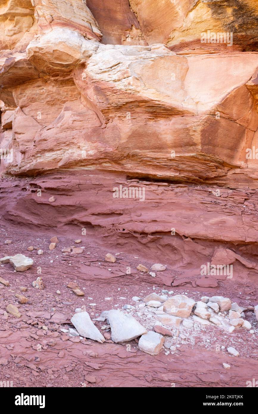 Ein kürzlich stattgefundenen Steinschlag unter einer kleinen Klippe am North Overlook entlang des Overlooks Trail. Capitol Reef National Park, Utah Stockfoto