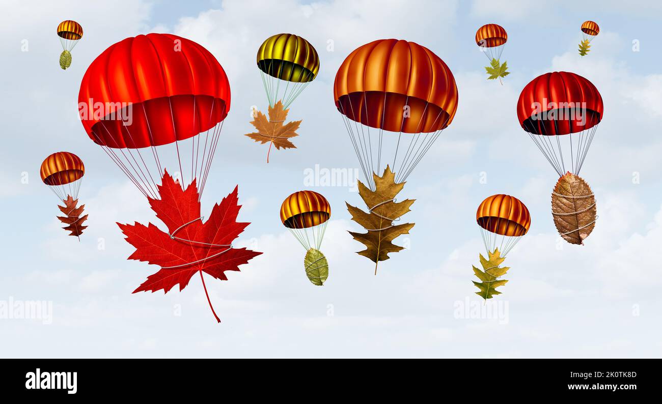 Lustige Herbstblätter fallen wie ein saisonales Herbst-Design mit bunten Laub weht Blatt Designs mit einem Fallschirm. Stockfoto