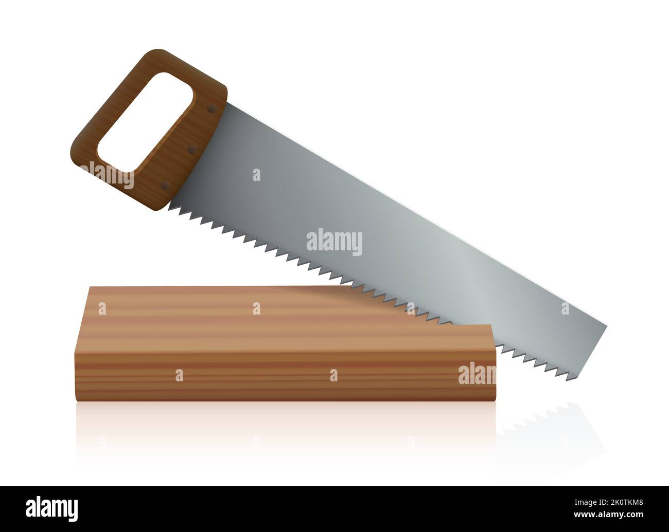 Handsäge, Sägen eines Holzbretts. Ripsaw mit Holzgriff, Metallsägeblatt und spitzen scharfen Sägezähnen - Abbildung auf weißem Hintergrund. Stockfoto