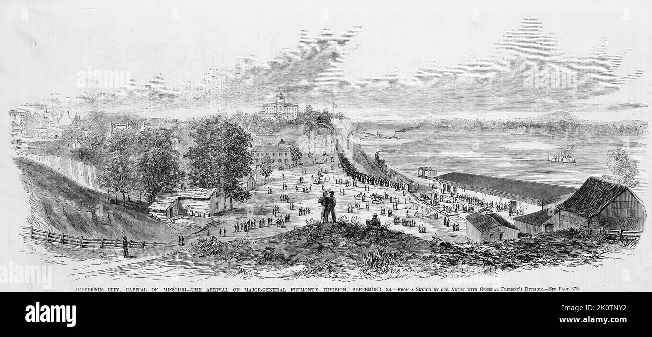 Jefferson City, Hauptstadt von Missouri - die Ankunft der Division des Generalmajors John Charles Frémont, 26.. September 1861. Illustration des amerikanischen Bürgerkriegs des 19.. Jahrhunderts aus Frank Leslie's Illustrated Newspaper Stockfoto