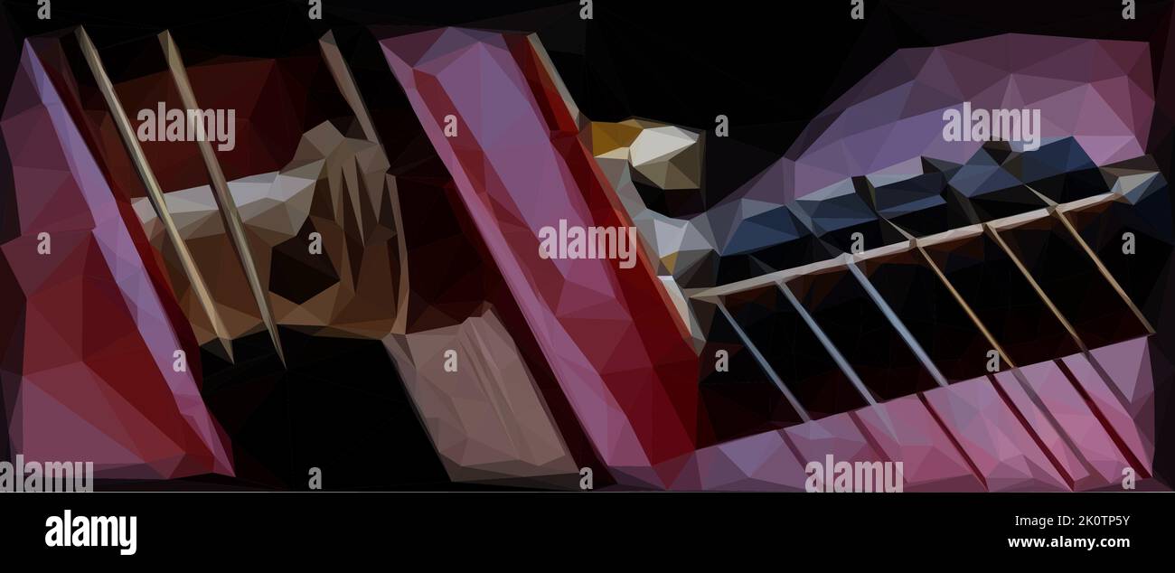 Hintergrundvektor mit Details einer roten Gitarre. Der Hals einer Gitarre und die Seiten im Bereich des Schalllochs. Vektor in Low-Poly-Art. Stock Vektor