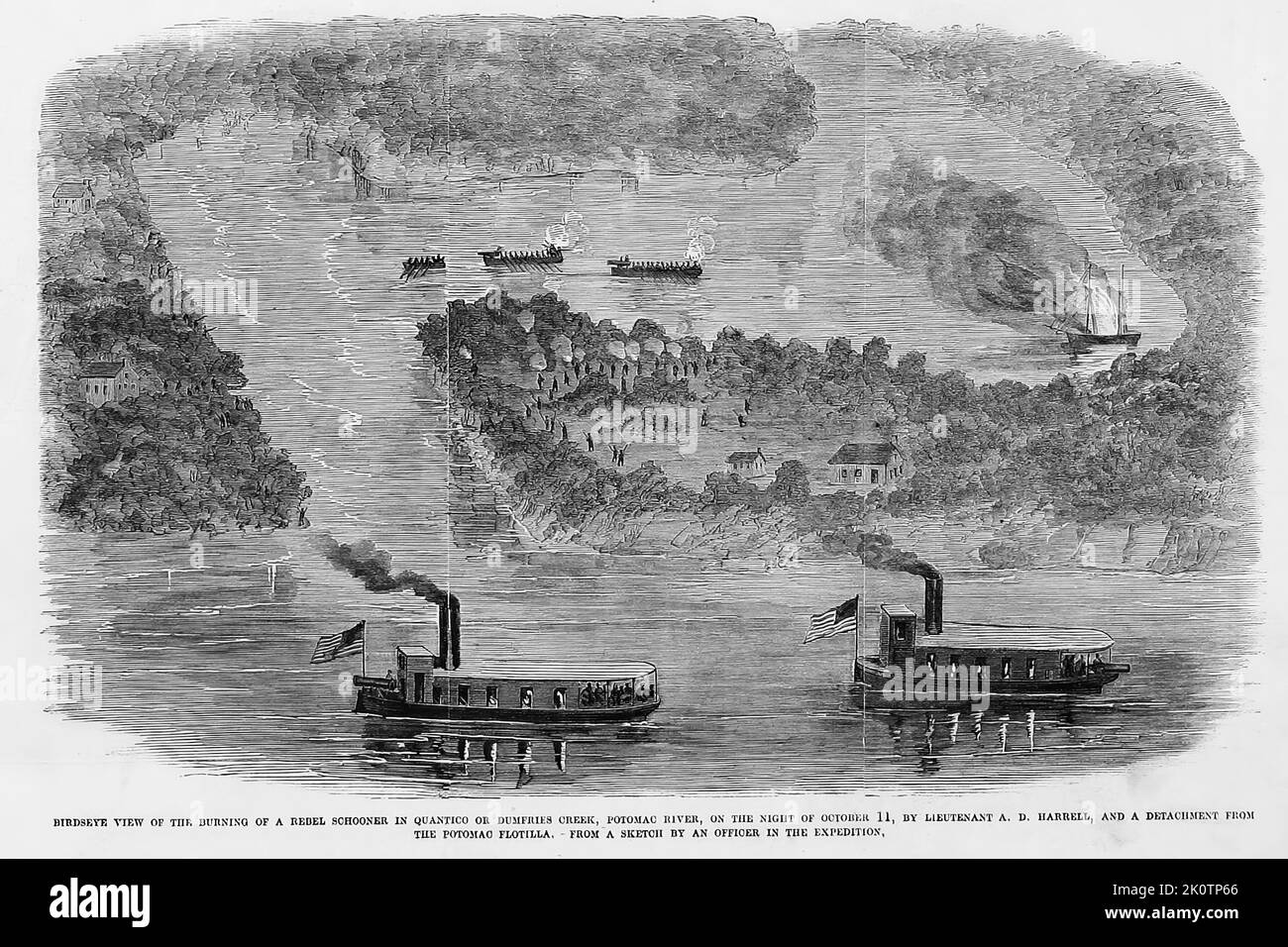 VogelAugenansicht der Verbrennung eines Rebel-Schoners in Quantico oder Dumfries Creek, Potomac River, in der Nacht des 11.. Oktober 1861, von Leutnant A. D. Harrell und einer Ablösung von der Potomac-Flottille. Illustration des amerikanischen Bürgerkriegs des 19.. Jahrhunderts aus Frank Leslie's Illustrated Newspaper Stockfoto