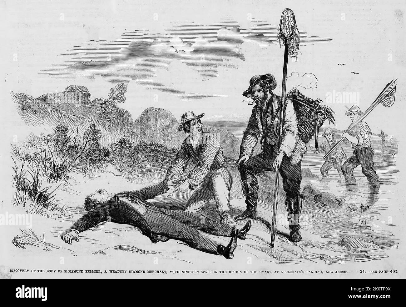 Entdeckung der Leiche von Sigismund Fellner, einem wohlhabenden Diamantenhändler, mit neunzehn Stichen in der Herzregion, bei Applegate's Landing, New Jersey, 24.. Oktober 1861. Illustration des amerikanischen Bürgerkriegs des 19.. Jahrhunderts aus Frank Leslie's Illustrated Newspaper Stockfoto