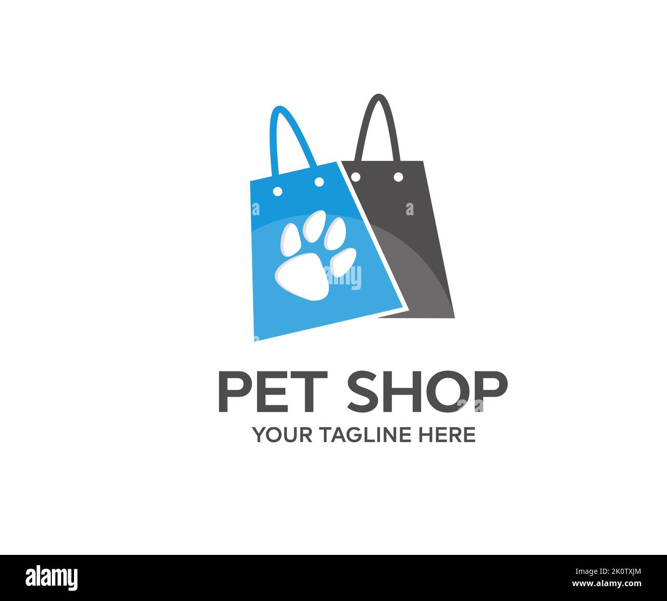 Tierhandlung Logo Design. Hundepfote auf Tasche, Heimtierheim, Pflege, Haustiersitzen, Heimtiere, Supermarkt Geschäft Vektor-Design und Illustration. Stock Vektor
