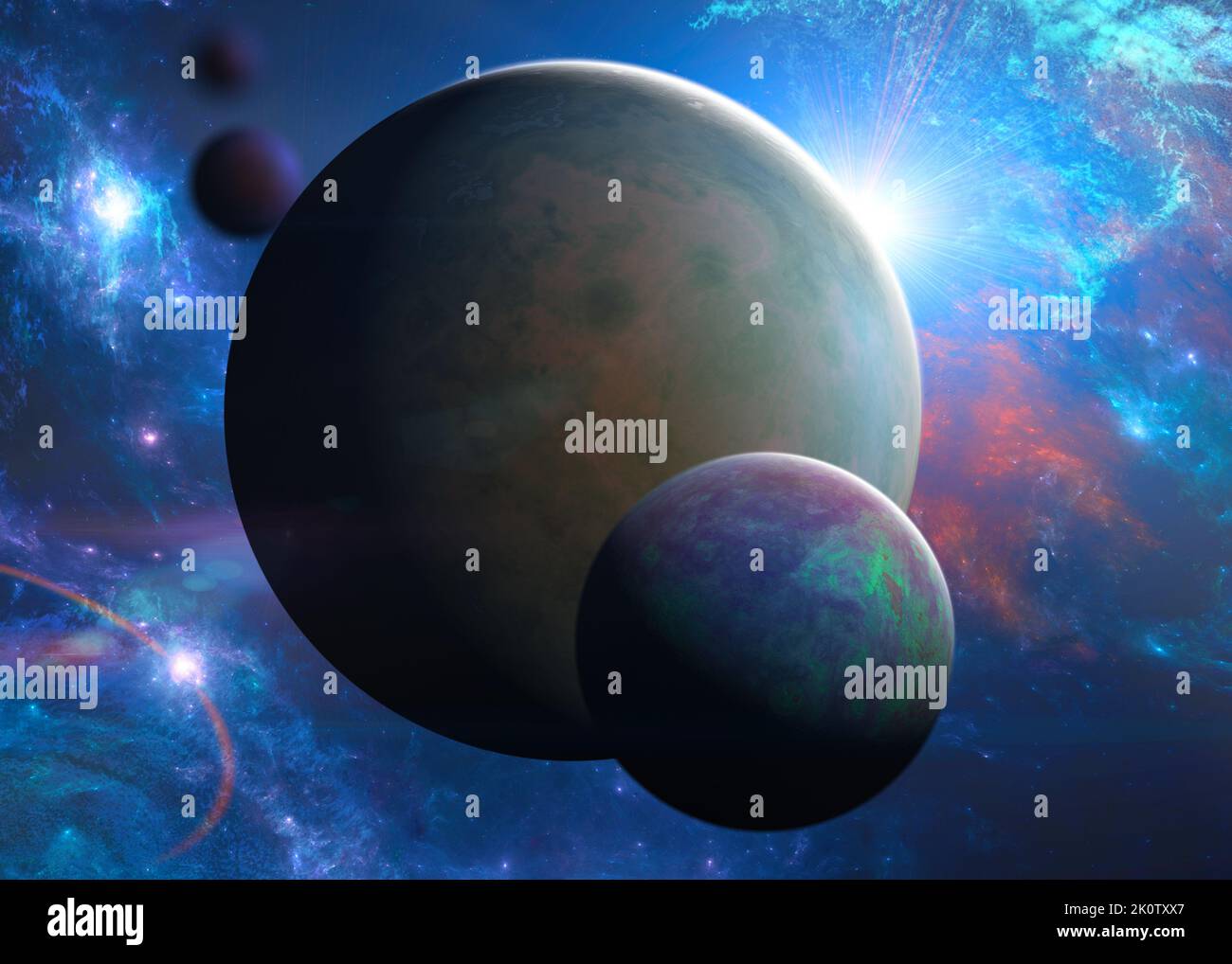 Planeten und Exoplaneten von unerforschten Galaxien, schwarzes Loch. Sci-Fi. Neue Welten zu entdecken. Besiedlung und Erforschung von Nebel und Galaxien Stockfoto