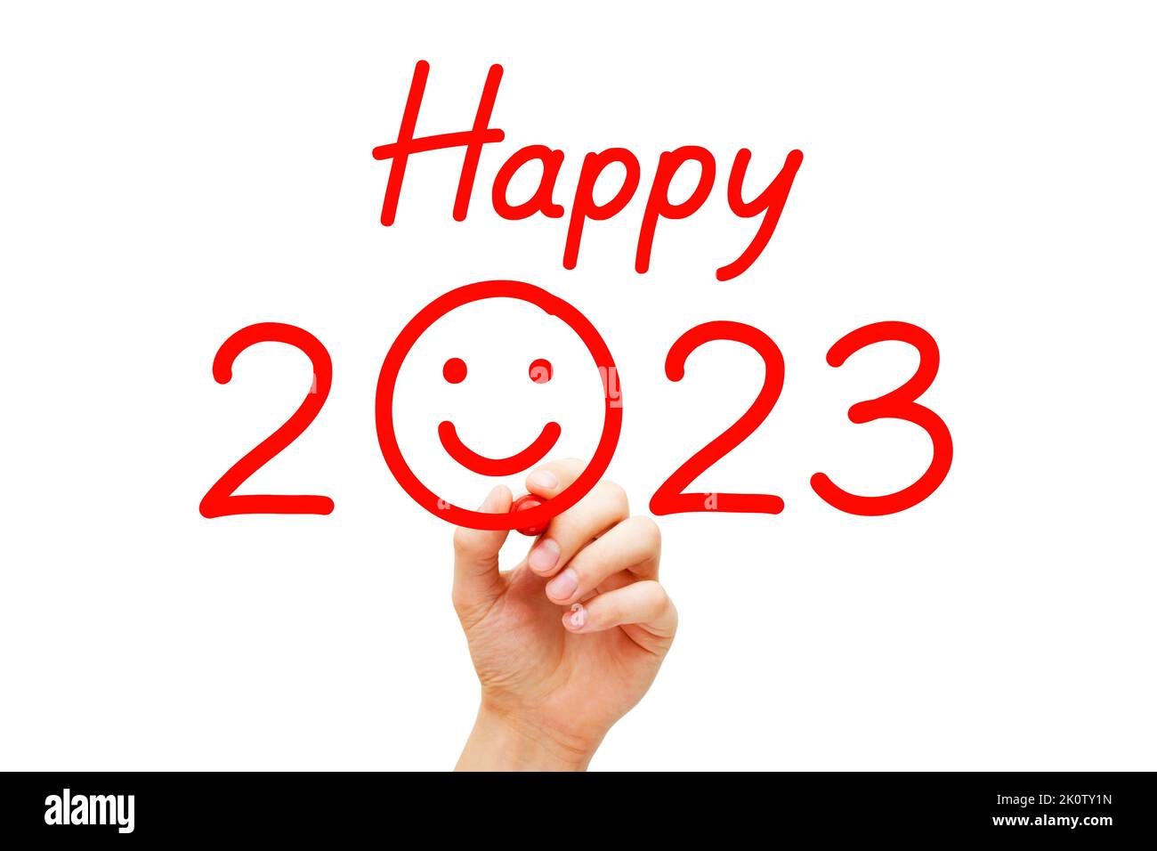 Hand Zeichnung lächelndes Gesicht und Schreiben Happy New Year 2023 mit rotem Marker. Stockfoto