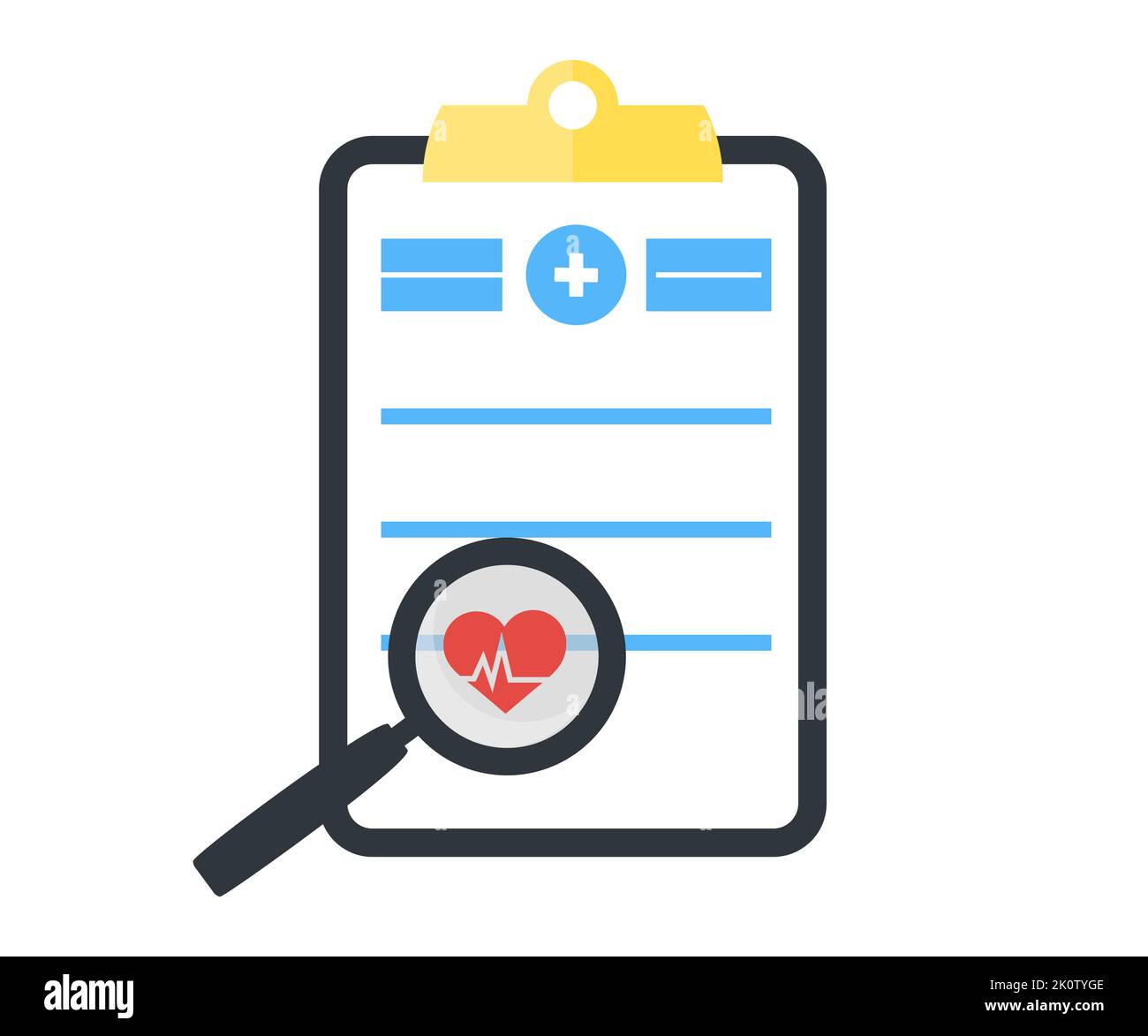Zwischenablage mit medizinischem Dokument und Vergrößerungsglas-Logo-Design. Herzschlagpuls. Dokument für die Patientenüberprüfung im Krankenhaus oder in der Klinik. Stock Vektor