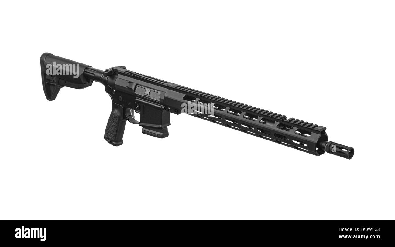 Moderne automatische Gewehr isoliert auf weißem Hintergrund. Waffen für Polizei, Spezialeinheiten und Armee. Automatischer Karabiner. Sturmgewehr auf weißem Rücken. Stockfoto