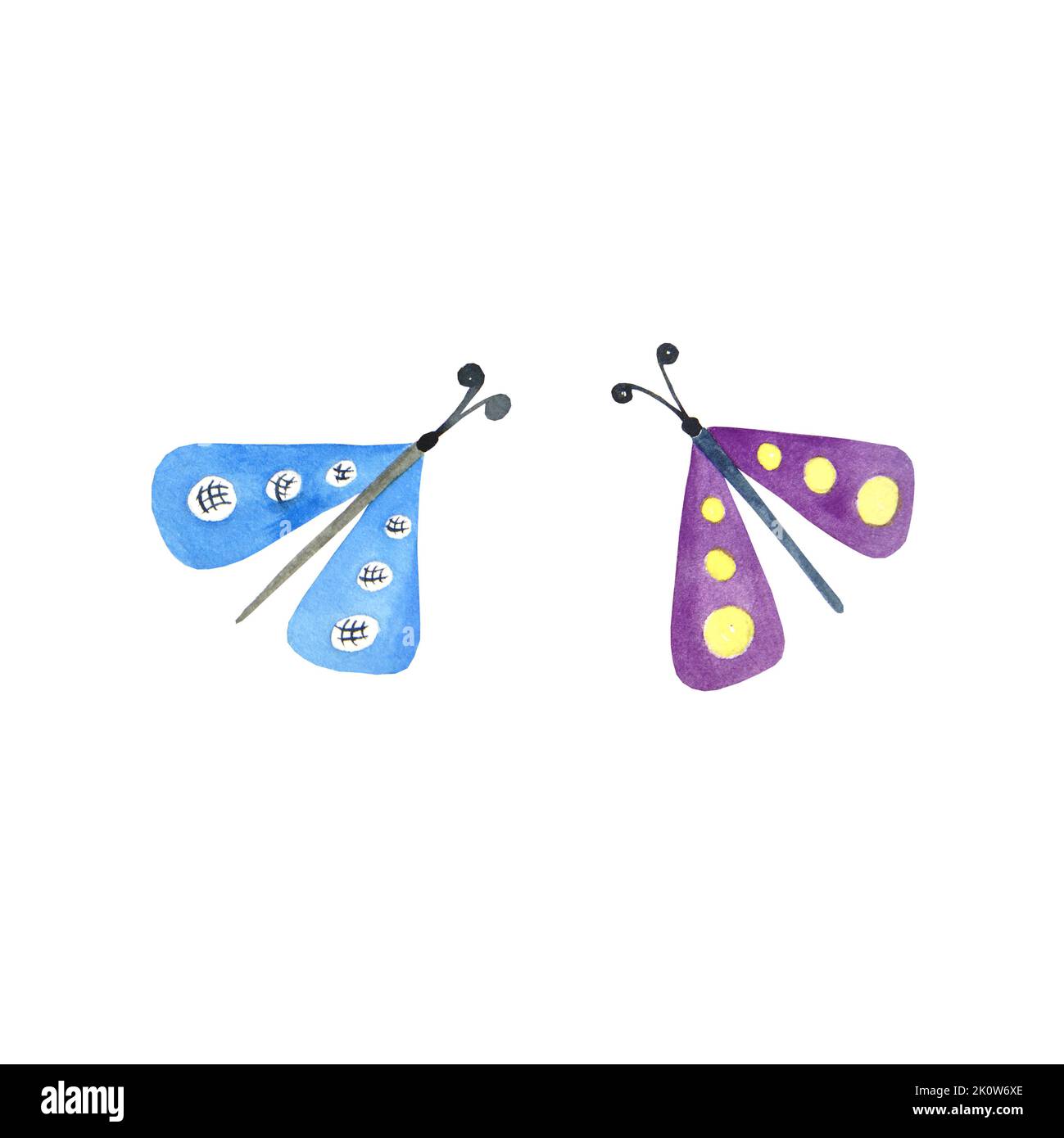 Aquarell-Motten auf weißem Hintergrund. Isoliert. Rasterdarstellung funktioniert. Es kann auf Mustern, Postkarten, Kalendern verwendet werden Stockfoto