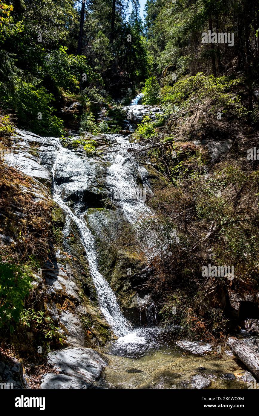 Upper Whiskeytown Falls, ein Wasserfall, der nur durch Wanderungen erreicht wird, in den Klamath Mountains im Norden von Kalifornien, Shasta County (ein nationales Erholungsgebiet). Stockfoto