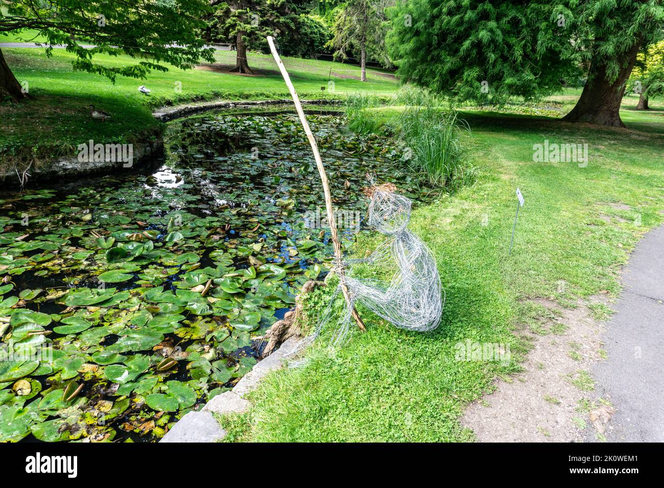 Leo Mandals Drahtskulptur, The Fisherman, Teil der Sculpture in Context-Serie im National Botanic Gardens, Irland. Stockfoto
