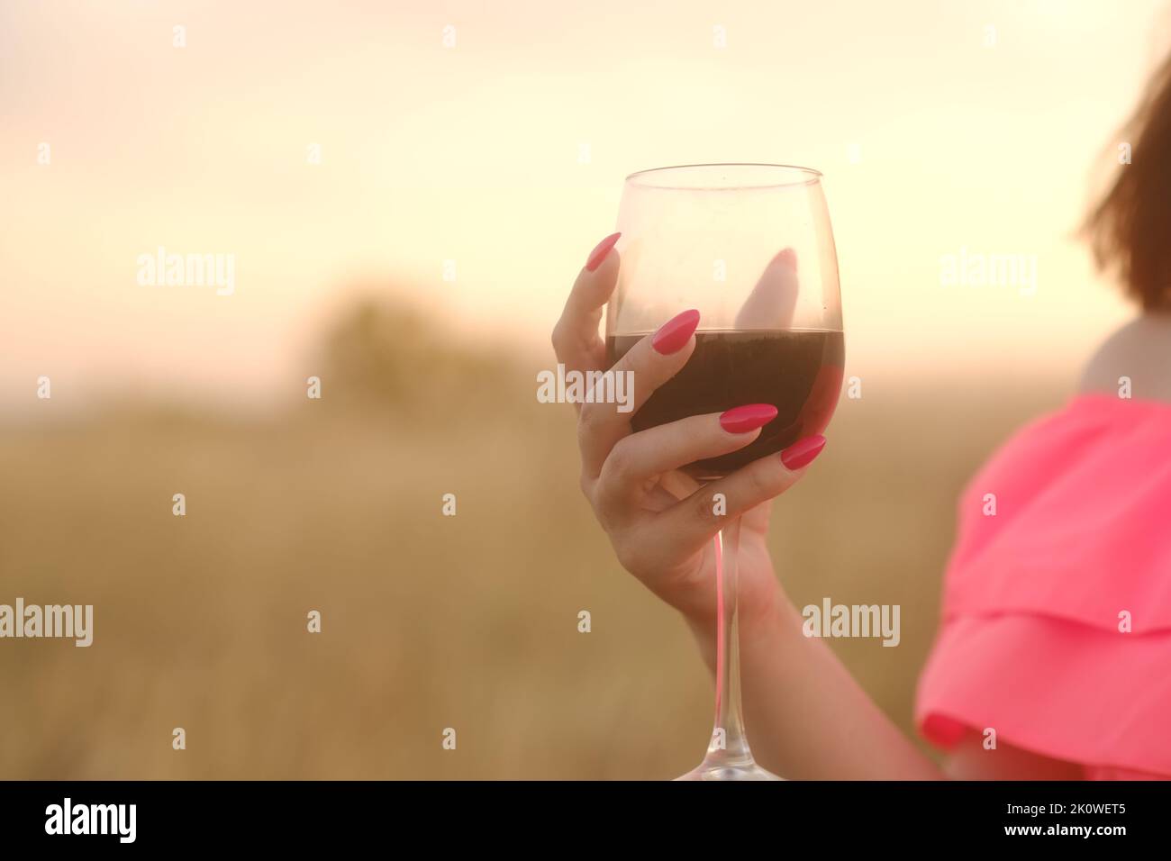 Nicht erkennbare Frau, die ein Glas Rotwein in der Hand hält und am Sonnenuntergang in der Natur steht. Körperteil des Weibchens in hellem Kleid mit Alkohol auf dem Land Stockfoto