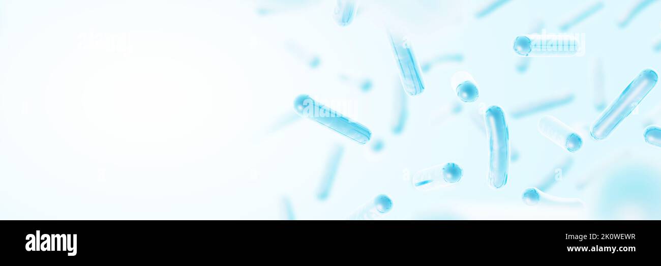 Probiotika. Wiederherstellung der Darmflora. Blaue Farbe. Lactobacillus. 3d-Darstellung. Stockfoto