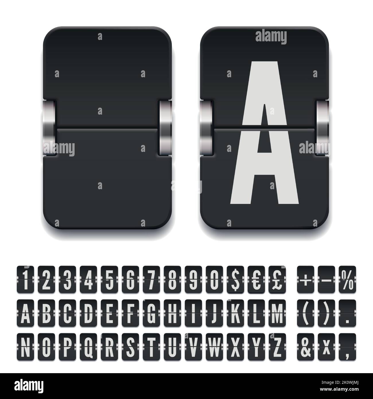Schwarze, mechanische Anzeigetafel mit Zahlen zur Anzeige von Ziel- oder Stundenplanvektoren. Flughafen-Flipboard mit feinem Alphabet zur Anzeige von Abflug- oder Ankunftsdaten. Stock Vektor