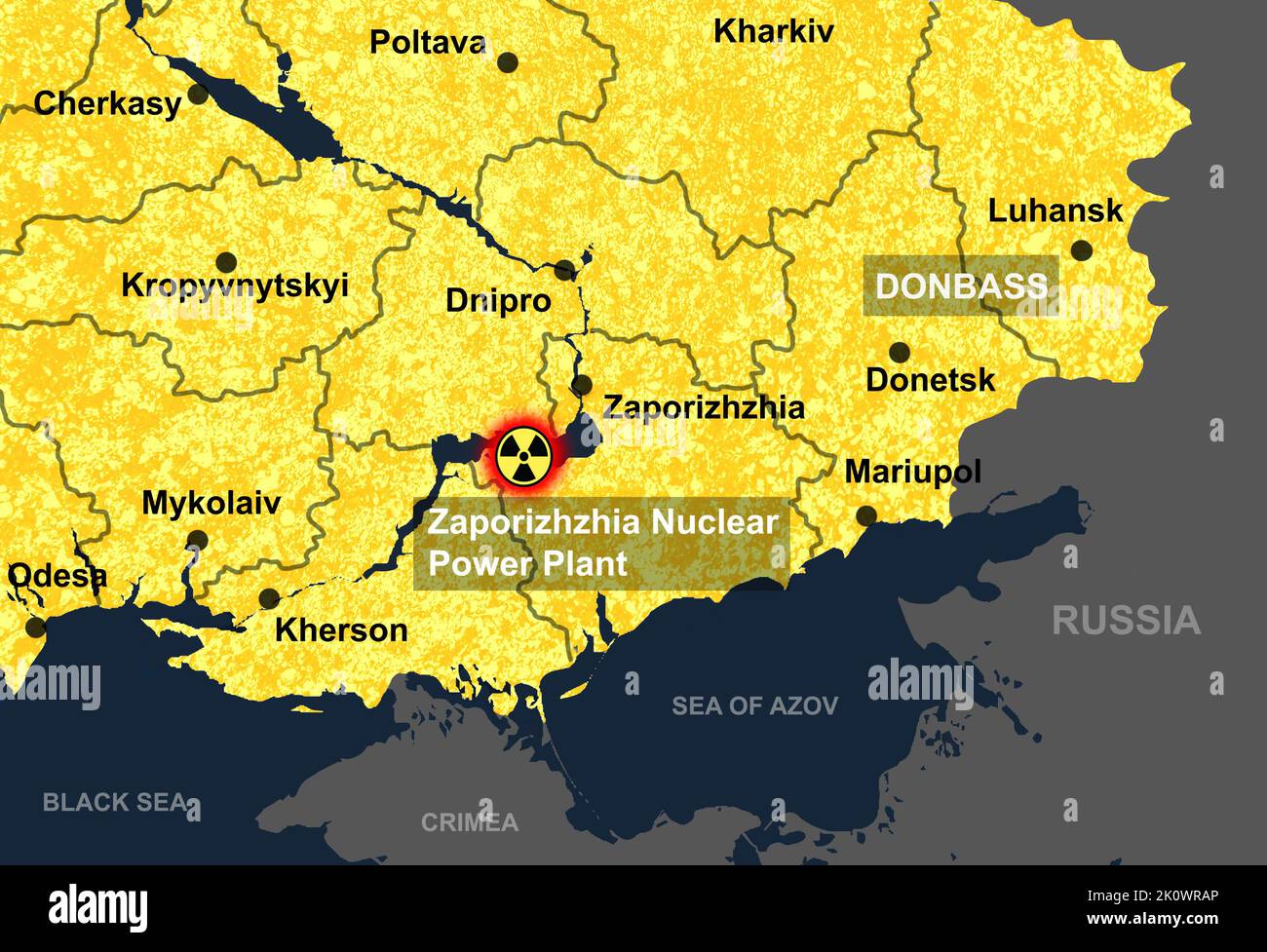 Kernkraftwerk Saporischschschja in der Ukraine Karte, gefährlicher Ort. Russisch-ukrainischer Krieg. Die Regionen Cherson, Donezk, Mykolaiv, Odesa, Luhansk und Charkiw. Stockfoto