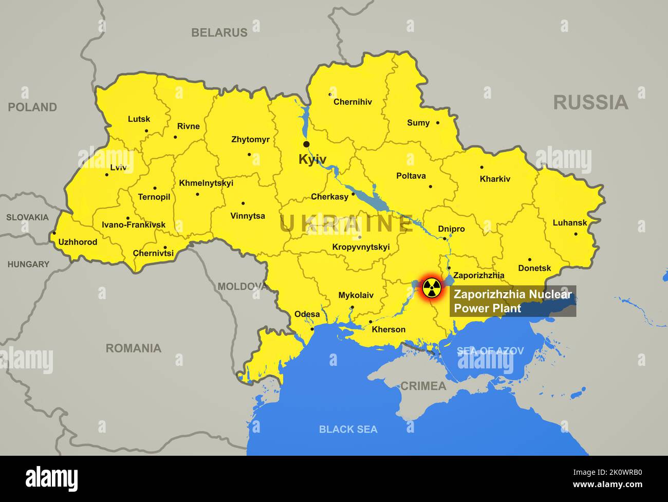 Atomkraftwerk Saporischschja auf der Ukraine Karte mit Städten und Regionen, Hotspot des russisch-ukrainischen Krieges. Grenze der Länder auf der Europakarte. Zaporizhz Stockfoto