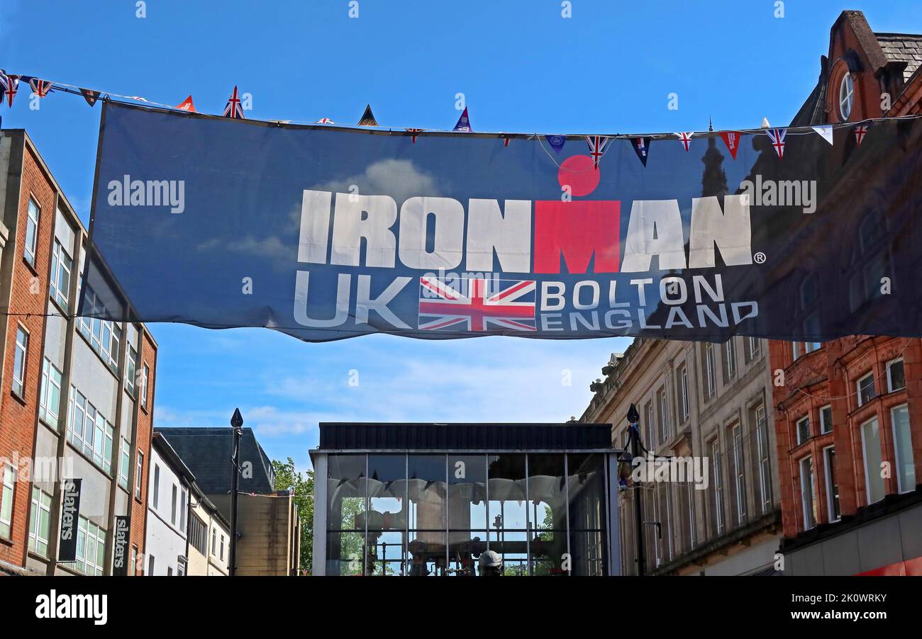 Ironman UK-Banner in Bolton, Greater Manchester, England, Großbritannien, BL1 Stockfoto