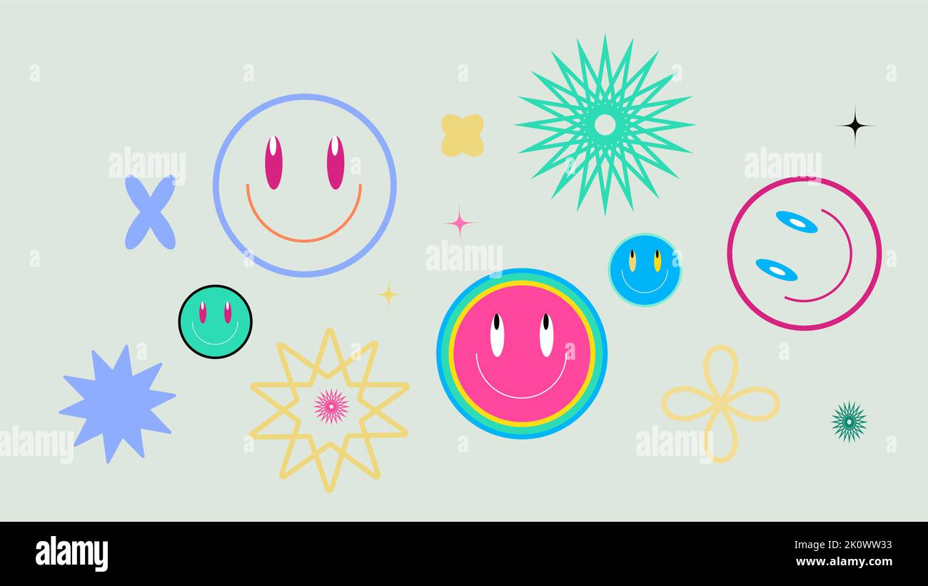 Sammlung von Cool Cute Sticker. Trendige Patchkollektion mit lächelnden Gesichtern. Stock Vektor