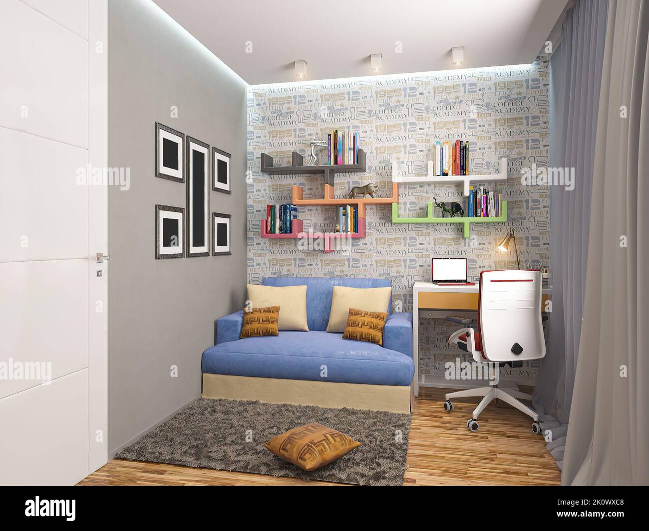 E-Design-Illustration für das Schlafzimmer eines Jungen in einer kleinen Wohnung. Inneneinrichtung eines Kinderzimmers in einem eleganten Apartment Stockfoto