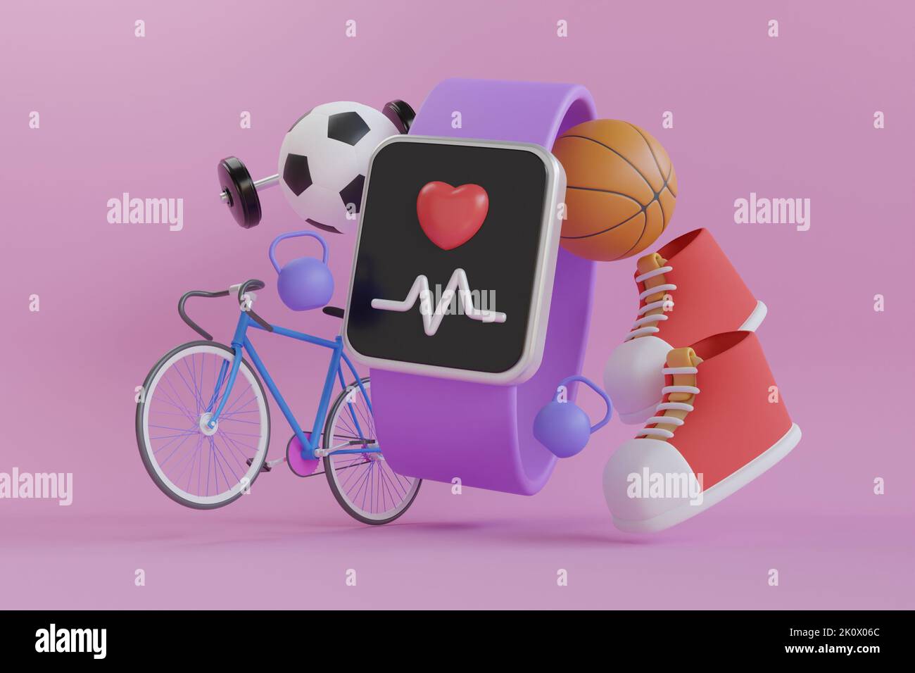3D Fahrradtraining mit einer Smartwatch. Fahrprogramm. Lila Smartwatch mit blauem Fahrrad im Rücken. Fahrrad-Fitness-Apps. 3D Rendern Stockfoto