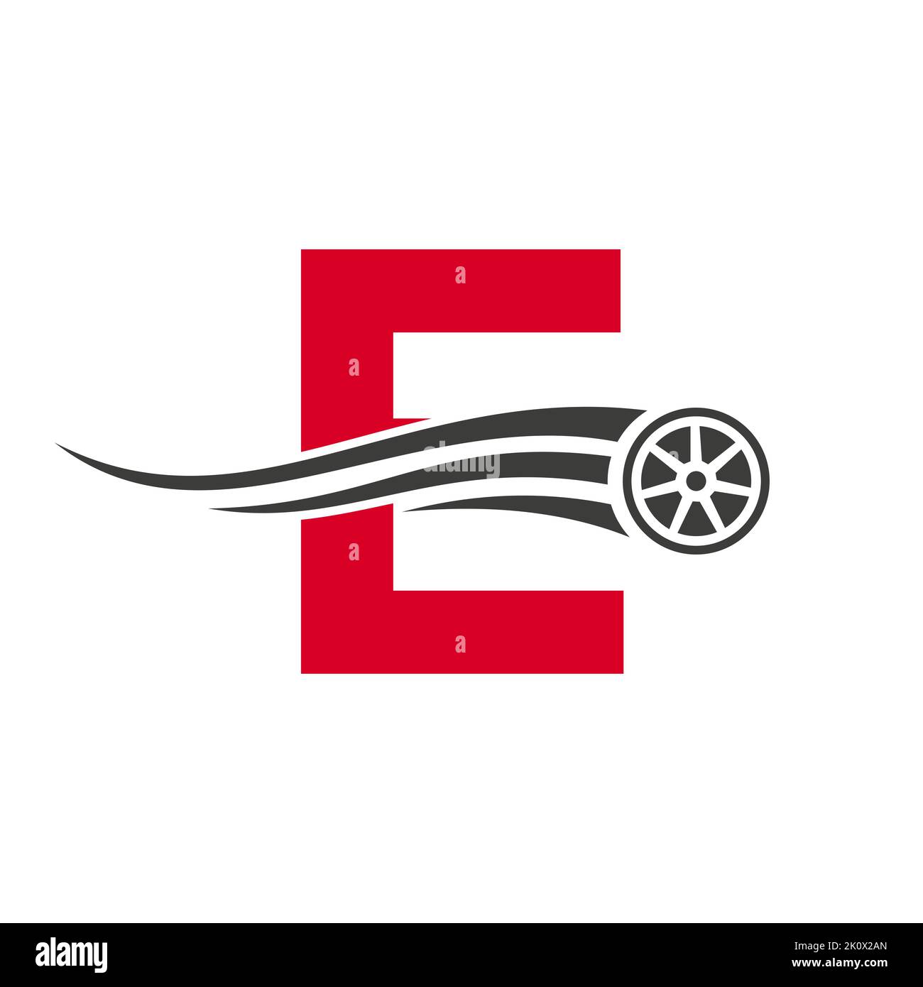 Sportwagen Buchstabe E Kfz-Reparatur Logo Design-Konzept mit Transport Reifen Symbol Vektor-Vorlage Stock Vektor