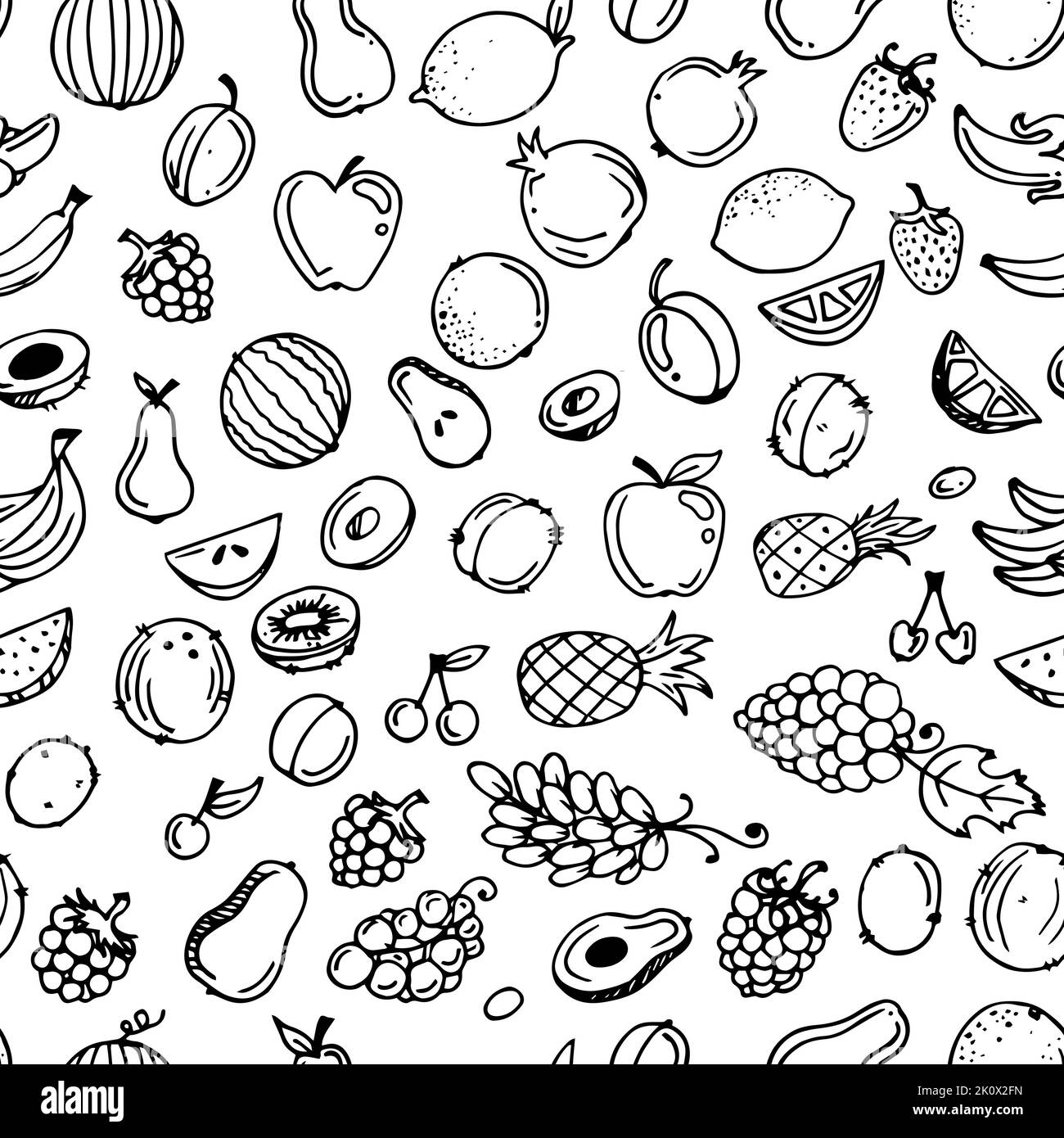 Gartenfrüchte. Nahtloses Muster. Essbare Lebensmittelpflanzen. Monochrome Zeichnung. Handzeichnung Umriss. Isoliert auf weißem Hintergrund. Vektor Stock Vektor