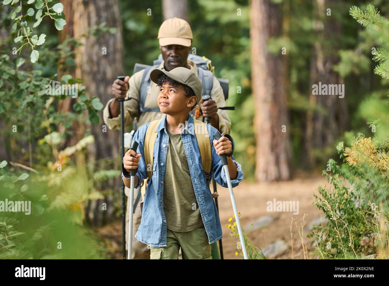 Jugendlicher afroamerikanischer Junge in Casualwear, der beiseite schaut, während er sich vor seinem Großvater in einem Kiefernwald auf dem Weg nach unten bewegt Stockfoto