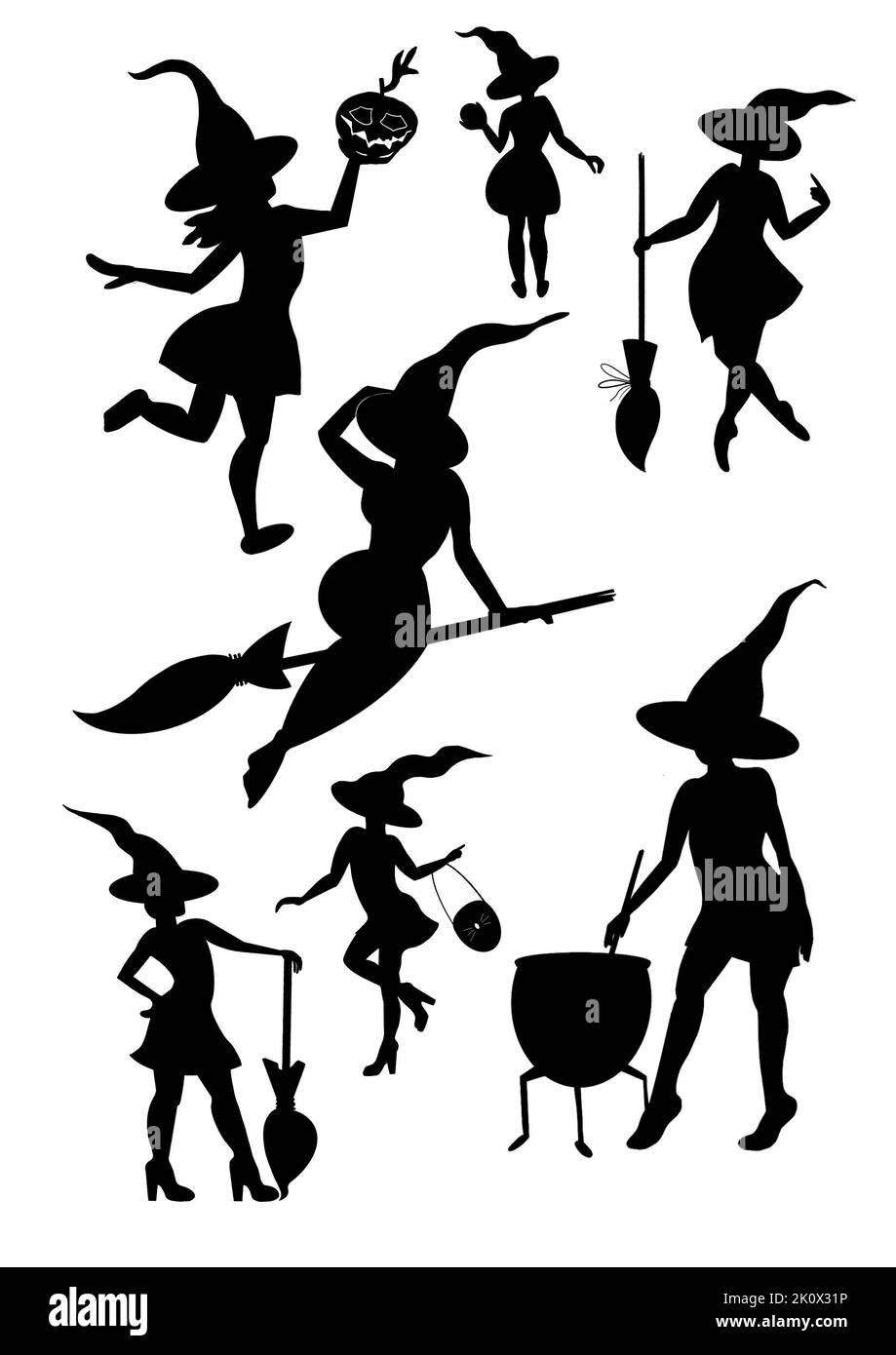 Hexen Silhouetten Kollektion für halloween isoliert auf weißem Hintergrund Stockfoto