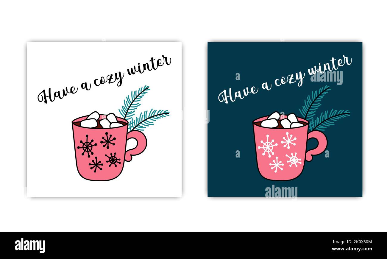 Gemütliches Winterkarten-Set. Tasse heiße Schokolade mit Salmlawinen und Tannenzweigen. Isoliertes süßes Getränk. Weihnachten und Winter Symbol. Vektor-Doodle illus Stock Vektor