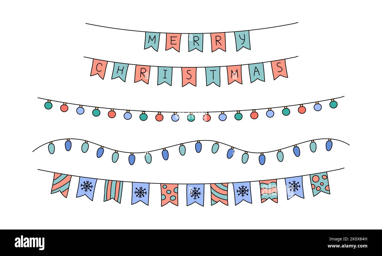 Chrismas Girlanden und Fahnen Vektor-Set. Lustige Kritzeleien. Skizzieren Sie Illustrationen von niedlichen isolierten festlichen hängenden Weihnachtsdekorationen, Lampen, Glühbirnen. Stock Vektor