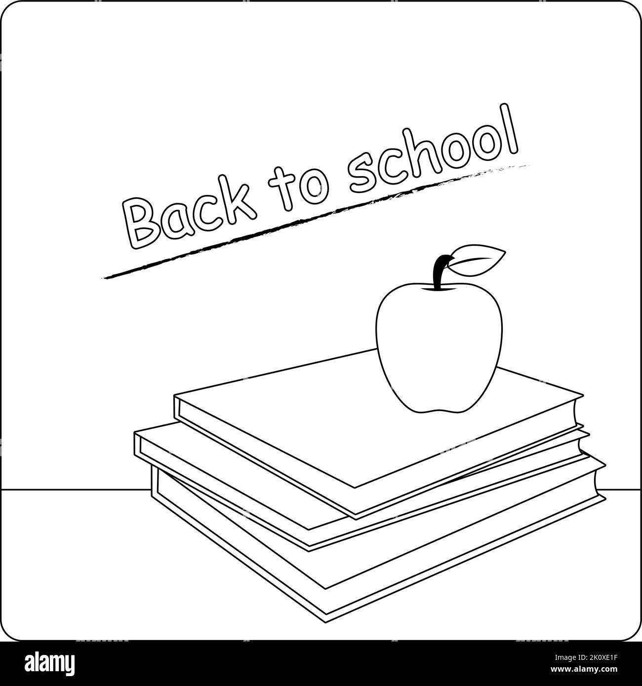 Schulklasse mit einer Tafel, Büchern und einem Apfel. Vektor schwarz-weiß Malseite Stock Vektor