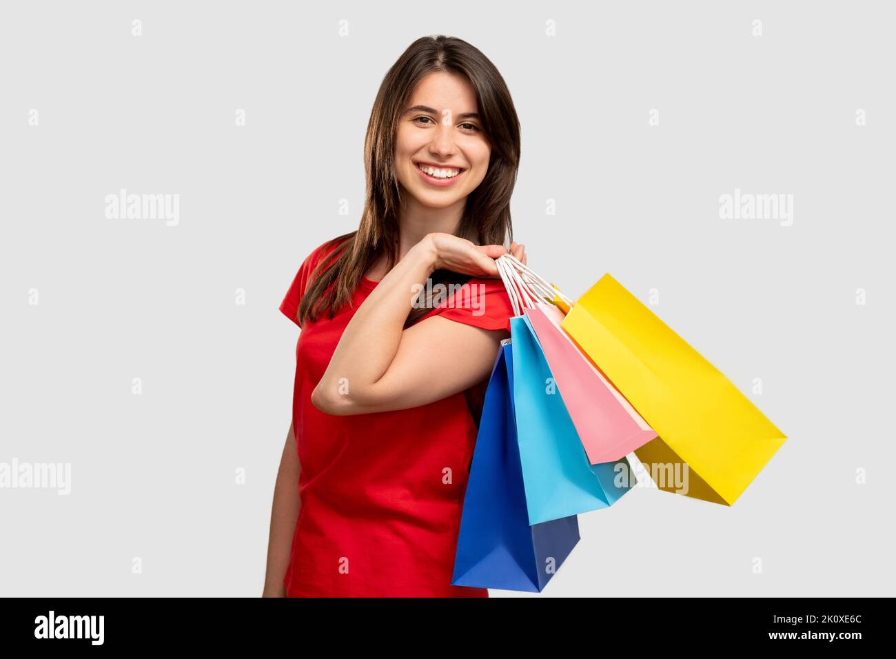 Black friday Verkauf und Rabatt glückliche Frau Stockfoto