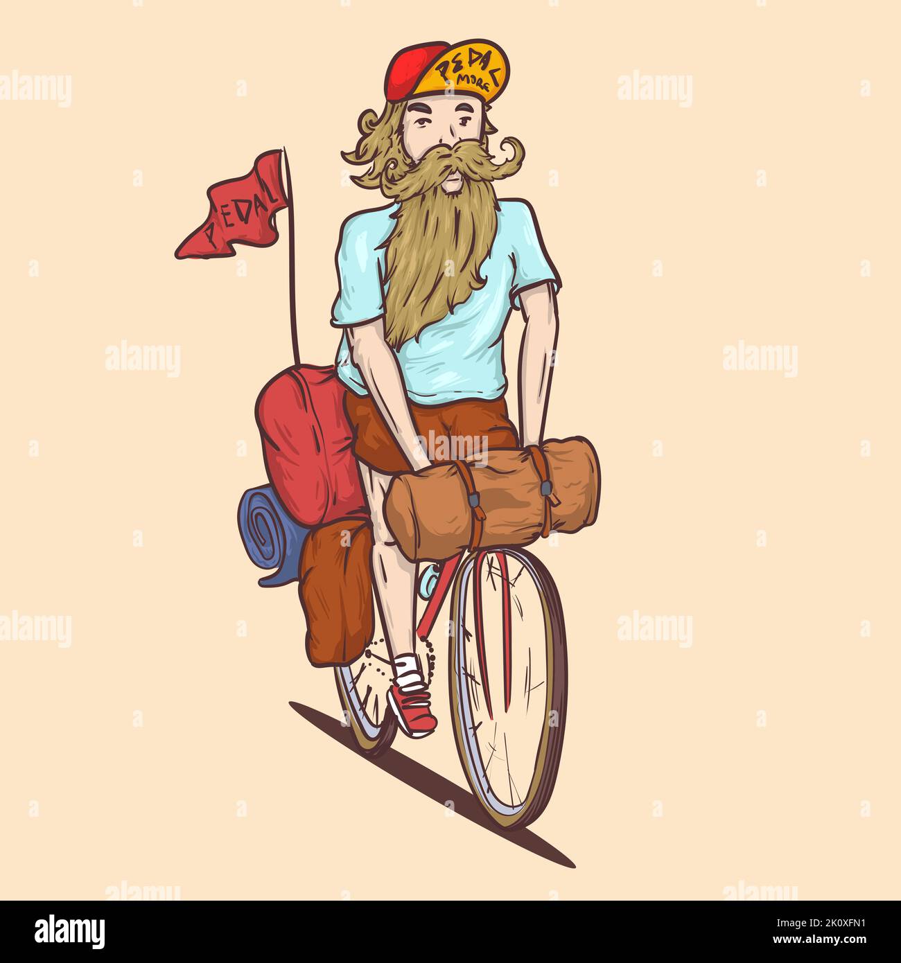 Bart-Hipster-Radfahrer. Bikepacker. vektor-Illustration Stock Vektor