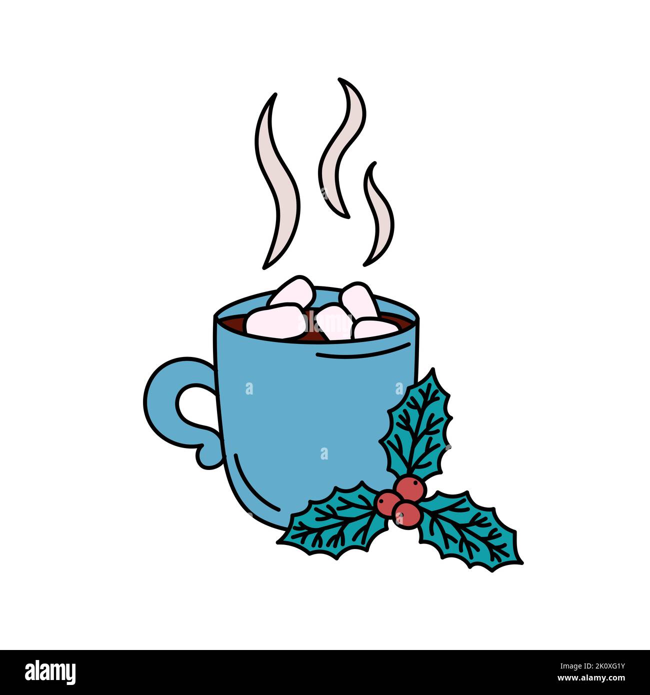 Tasse heiße Schokolade mit Salmmillchen und Stechpalmenblättern. Isoliertes süßes Kakaogetränk. Weihnachtsferien und Winter gemütlichen Abend Symbol. Vektorgrafiken Stock Vektor