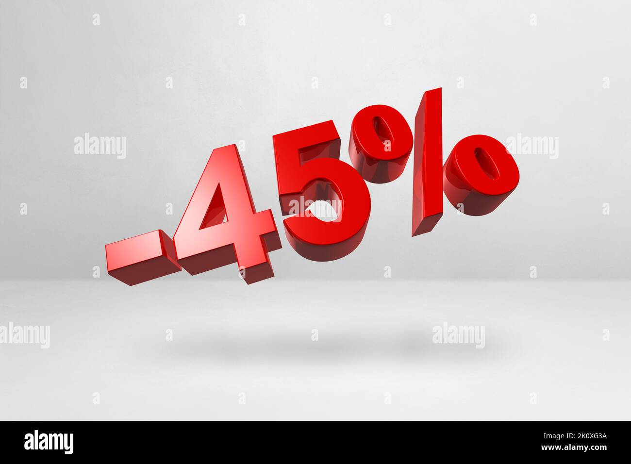 45 % Rabatt. Bieten Sie einen Verkauf an. 3D Abbildung isoliert auf weiß. Aktionspreis Stockfoto