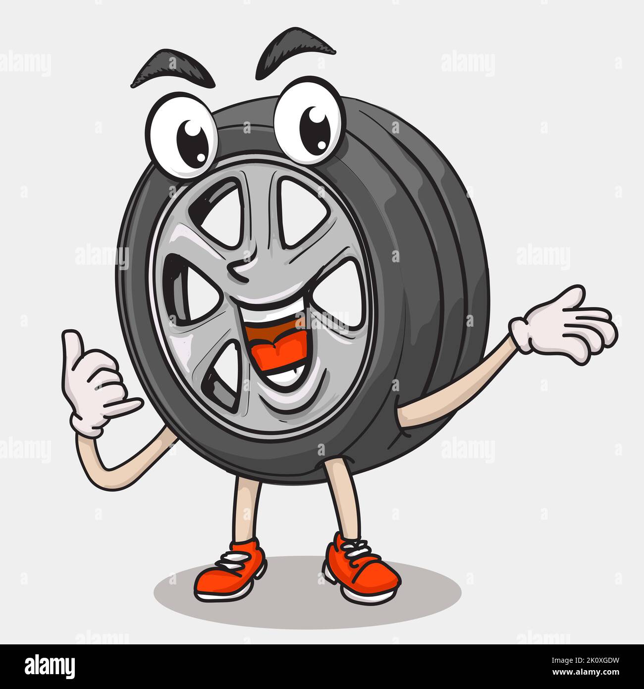 Lächeln Gesicht Reifen Charakter machen Aufruf Symbol Hand. Reifenwerkstatt Kundendienst Konzept. Funky Reifen Maskottchen Symbol Illustration Stock Vektor