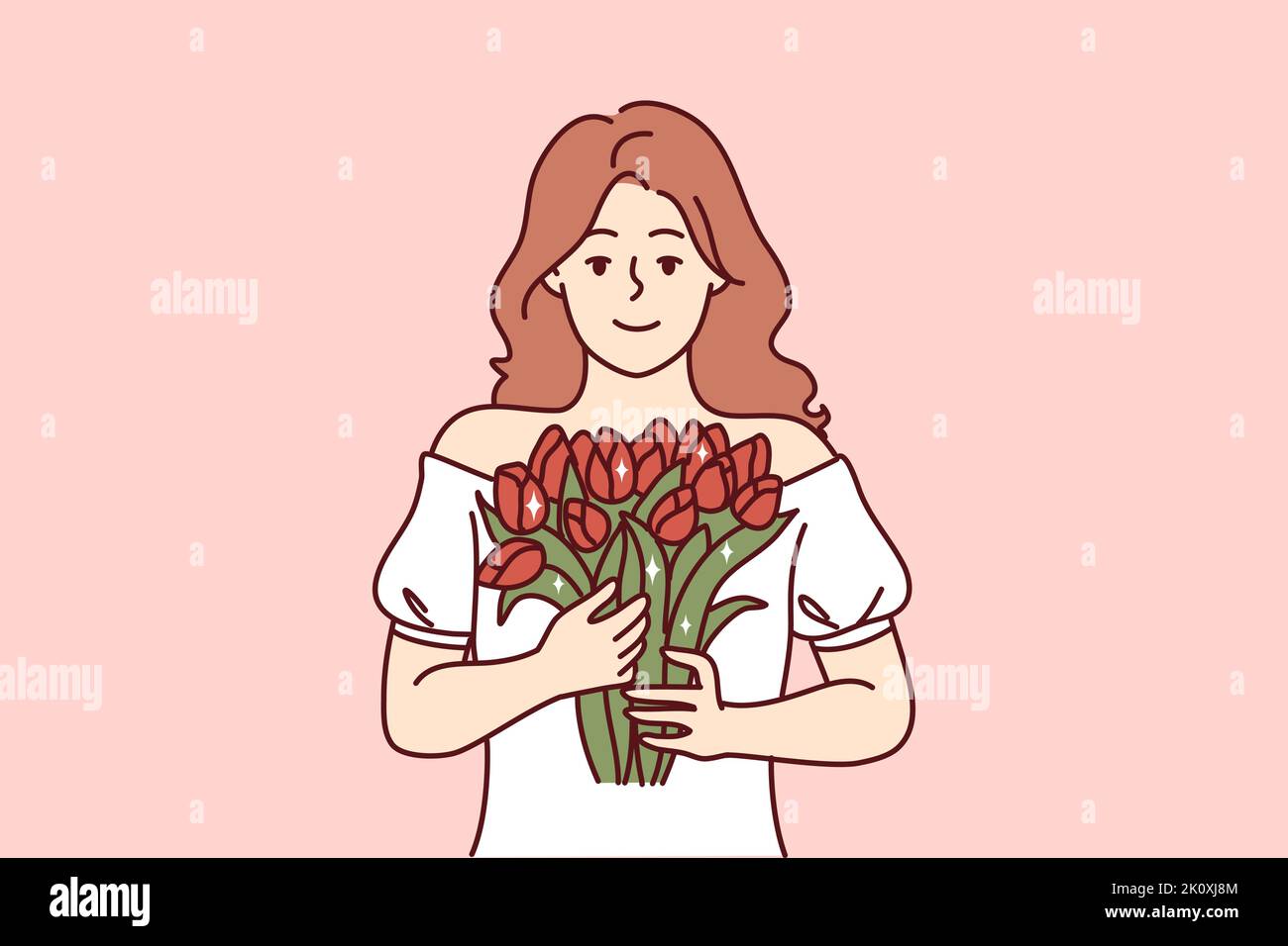 Porträt einer lächelnden Frau, die Blumen in den Händen hält. Glückliches Mädchen mit Blumenstrauß Gefühl glücklich Geburtstag Jubiläum zu feiern. Vektorgrafik. Stock Vektor