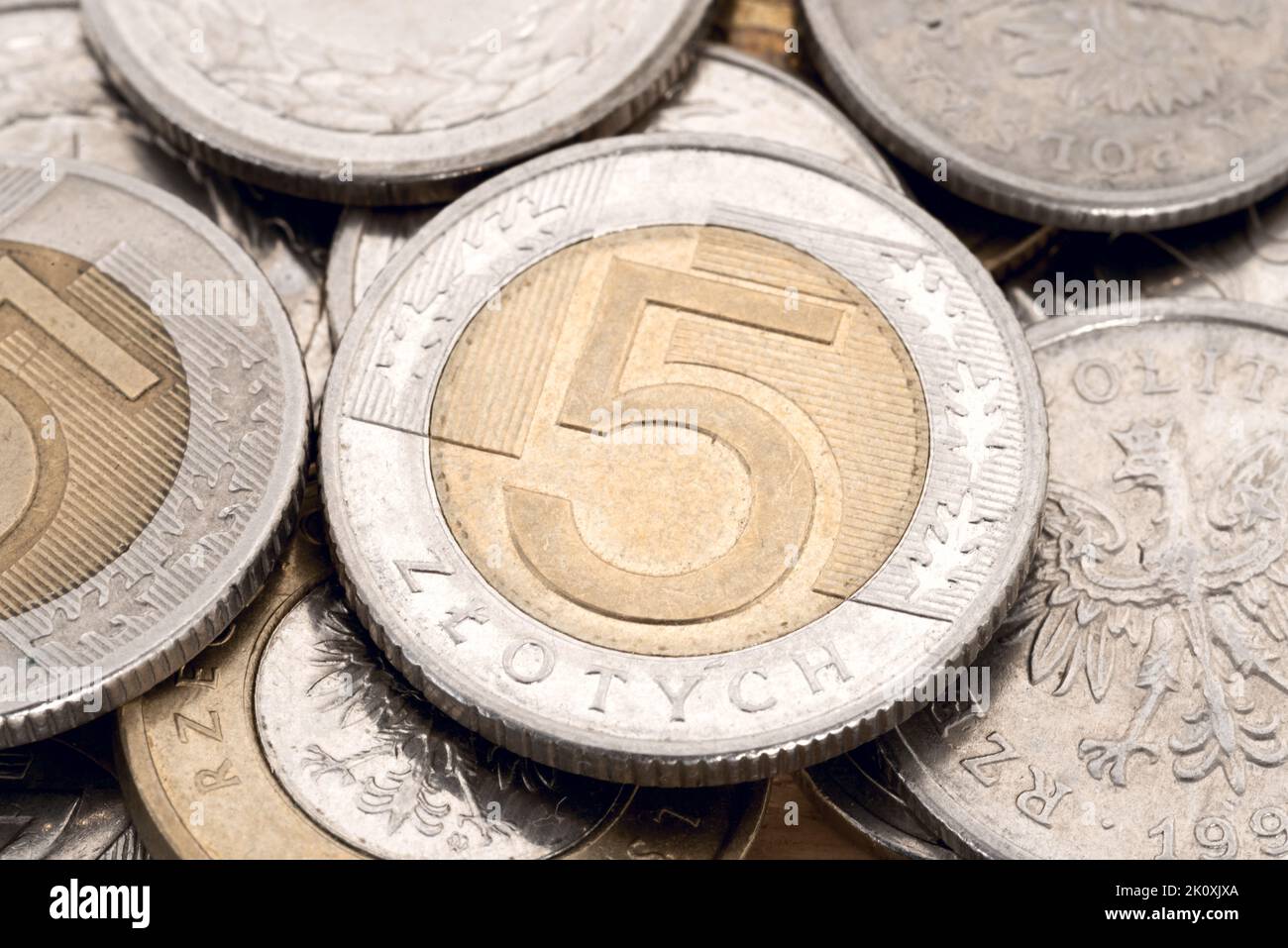 Nahaufnahme der Münzen Polnischer Zloty PLN Stockfoto