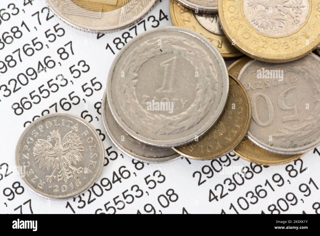 Münzen polnische Zloty PLN und eine Tabelle Stockfoto